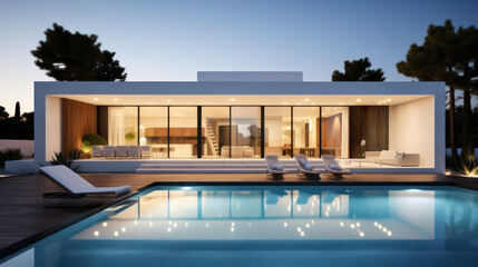 Fototapeta premium photo of an elegant villa at night with clean pool water