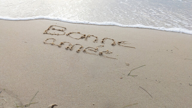 happy new year in french text sign means bonne annee on sand ocean sunrise on the beach shore concept