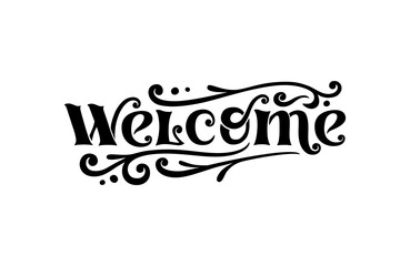 welcome trendy vector lettering with curls, bold serif font on white background - 676670124