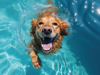 underwater portrait of a cute orange dog enjoying swimming