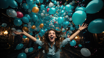 Excited Woman with Falling Balloons Around - obrazy, fototapety, plakaty