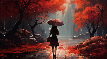 A girl walking in the rain with her umbrella