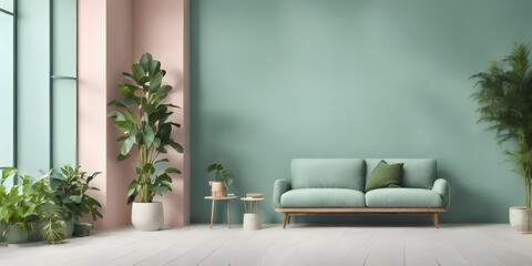 Modern minimalist interior on empty blue sky pastel color wall background. with a variety of green plants of deep forest style