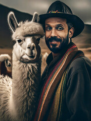 Portrait of a South American man with his llama, AI generated
