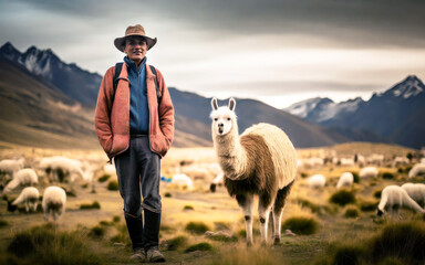 Portrait of a South American man with his llama, AI generated - obrazy, fototapety, plakaty