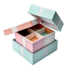 Empty 2-layer box. Open the lid and see the inside. Pastel colors on a transparent background PNG