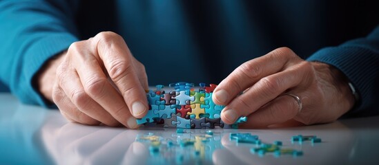 close up of hand with puzzle. Teamwork concept