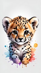 Colorful watercolor cute Cheetah illustration on a white background	