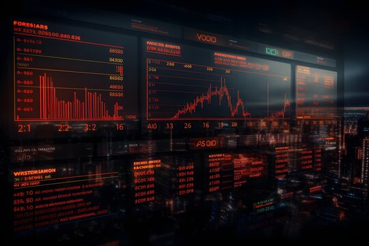 financial quotes on the stock market by stock exchange, in the style of dark orange and red, soft atmospheric scenes, screen format, sharp focus, utilizes, spatial, miniaturecore 