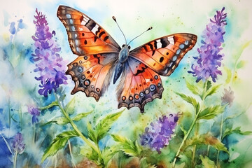 Orange monarch butterfly on lilac flowers. Watercolor. - obrazy, fototapety, plakaty