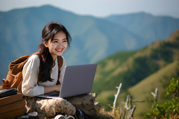 happy Asian woman working remotely on laptop on mountain - nomadic remote work concept