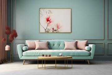 the 3d render of a living room with a sofa and plant, in the style of light emerald and pink, minimalistic composition, light beige and gold, rug, minimalistic modern, minimalist backgrounds, light gr