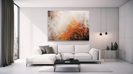 A soft light sofa and a large poster on white plastered wall. Interior design of modern living room with large window