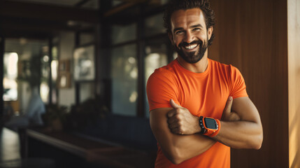 Fototapeta na wymiar A man wearing an orange shirt and a smartwatch