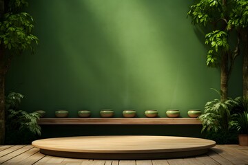 green wall with pots and trees on grass, wooden bowl in green garden background, in the style of rendered in cinema4d, tabletop photography, lively tableaus, exotic, minimalist stage designs, rim ligh