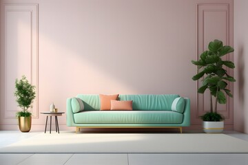 the 3d render of a living room with a sofa and plant, in the style of light emerald and pink, minimalistic composition, light beige and gold, rug, minimalistic modern, minimalist backgrounds, light gr - obrazy, fototapety, plakaty