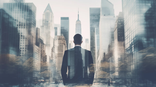 Double exposure image of businessman  with city background .Generative ai