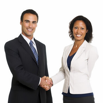 Businessman and business woman  handshake on white background.Generative ai