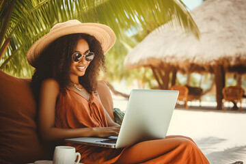 happy black woman working remotely on laptop on summer vacation - nomadic remote work concept