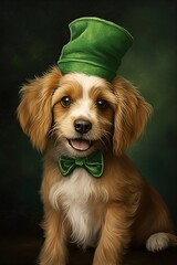 Cute puppy in green top hat. St. Patrick's Day.