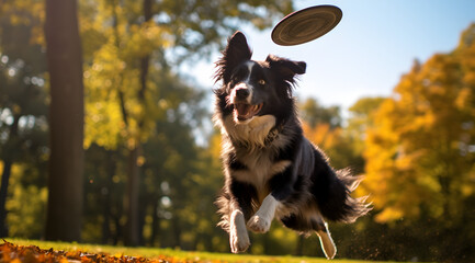 Energetic dog running after a flying frisbee on a sunny day.