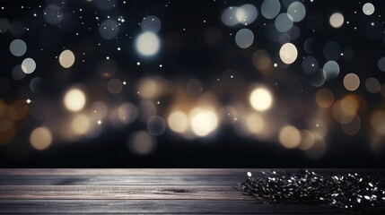 Luxury Glitter sparkles magical flickering particles bokeh effect with wood table background....