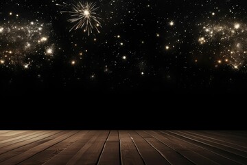 Empty wooden table in front of fireworks background. Product display montage - obrazy, fototapety, plakaty