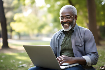 happy senior black man working remotely on laptop in park - remote nomadic work business lifestyle concept