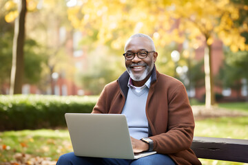 happy senior black man working remotely on laptop in park - remote nomadic work business lifestyle concept