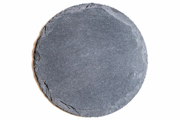 Round stone platter for cheese, pizza on white background. Natural stone round plate.