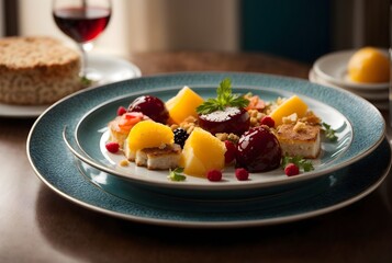 food photography, fresh fruit dessert,  cake decorated with fruit and berries served on plate in restaurant