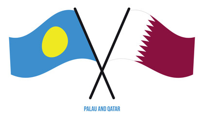 Palau and Qatar Flags Crossed And Waving Flat Style. Official Proportion. Correct Colors.