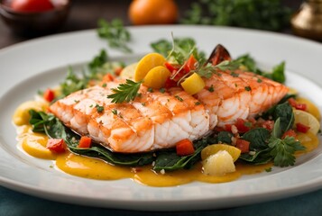 Food photo, fish dish, delicious sea food arranged and served at seaside restaurant, healthy diet concept