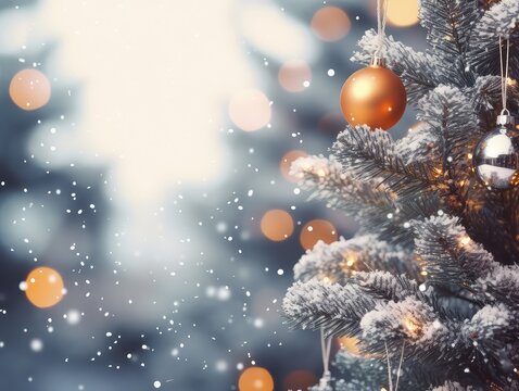 Fototapeta Holiday Widescreen Border Featuring a Snowy Christmas Background and Garland Lights,ai generated