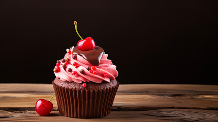 Cupcake isolated on wooden background. With clipping path. Made with generative ai - obrazy, fototapety, plakaty