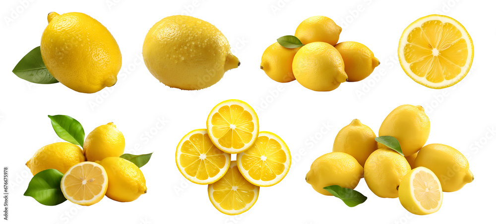 Wall mural yellow lemon lemons with leaf leaves, many angles and view side top front sliced halved cut isolated - Wall murals