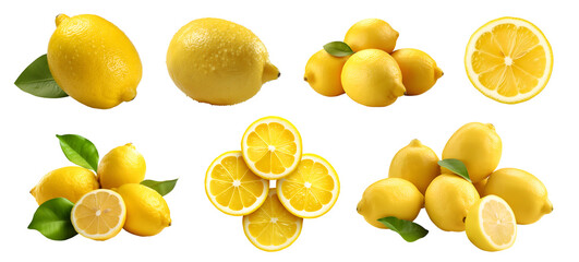 Yellow lemon lemons with leaf leaves, many angles and view side top front sliced halved cut isolated on transparent background cutout, PNG file. Mockup template for artwork graphic design
