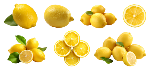 Yellow lemon lemons with leaf leaves, many angles and view side top front sliced halved cut isolated on transparent background cutout, PNG file. Mockup template for artwork graphic design
