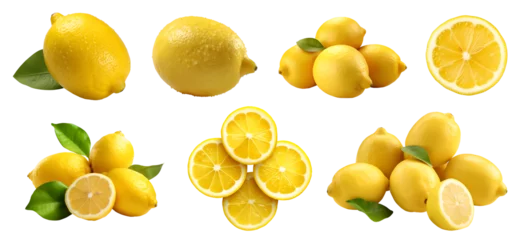 Foto op Plexiglas Yellow lemon lemons with leaf leaves, many angles and view side top front sliced halved cut isolated on transparent background cutout, PNG file. Mockup template for artwork graphic design  © Sandra Chia
