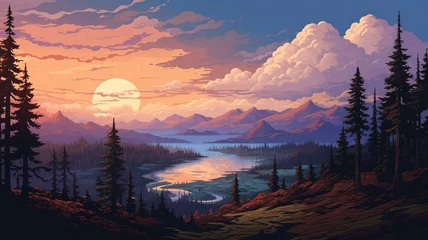 Foto op Canvas Nice Pixel art design with outdoor landscape background © BornHappy