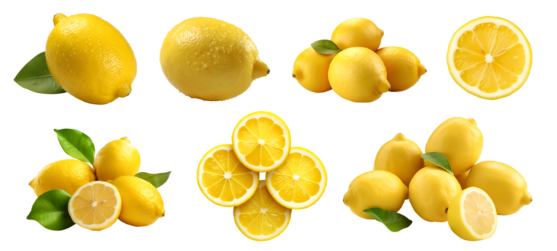 Yellow lemon lemons with leaf leaves, many angles and view side top front sliced halved cut isolated on transparent background cutout, PNG file. Mockup template for artwork graphic design
