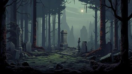Scary Pixel art game location A haunted forest with graves - obrazy, fototapety, plakaty