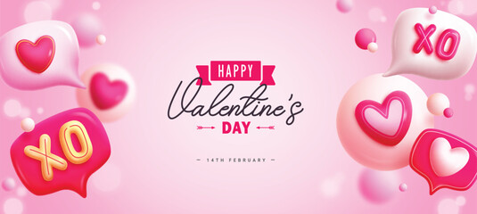 Happy valentine's text vector banner. Valentine's day greeting card with inflatable balloons and heart love sign for romantic celebration background. Vector illustration hearts day invitation card. 

