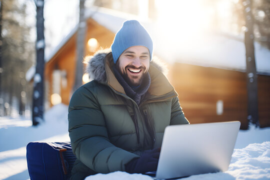 Happy Man Working Remotely On Laptop On Winter Vacation