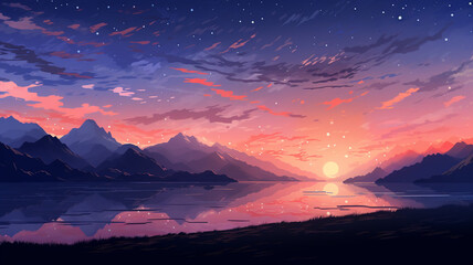 Fantastic Pixel Art Star Sky at Dawn Time