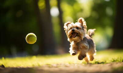 Energetic dog running after a ball on a sunny day.