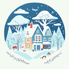 Illustration of a  snow on the roof and trees, under a night sky with falling snowflakes.