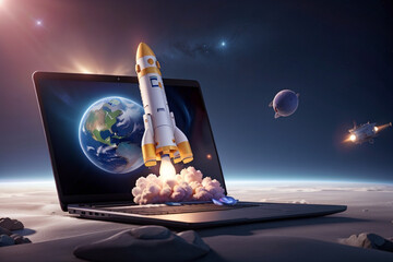 The rocket is taking off from the laptop. There's a lot of smoke on the desk. - obrazy, fototapety, plakaty