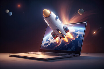The rocket is taking off from the laptop. There's a lot of smoke on the desk. - obrazy, fototapety, plakaty