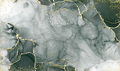 green alcohol ink graceful abstract ink flow art mixed with gold patterns with a translucent background.	